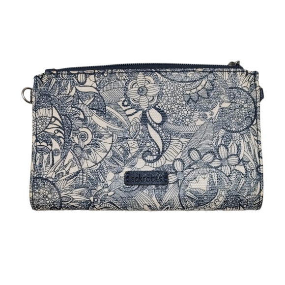 Sakroots Navy Blue Floral Boho Print Snap Button Zip Pocket Foldover Wallet - Picture 1 of 6